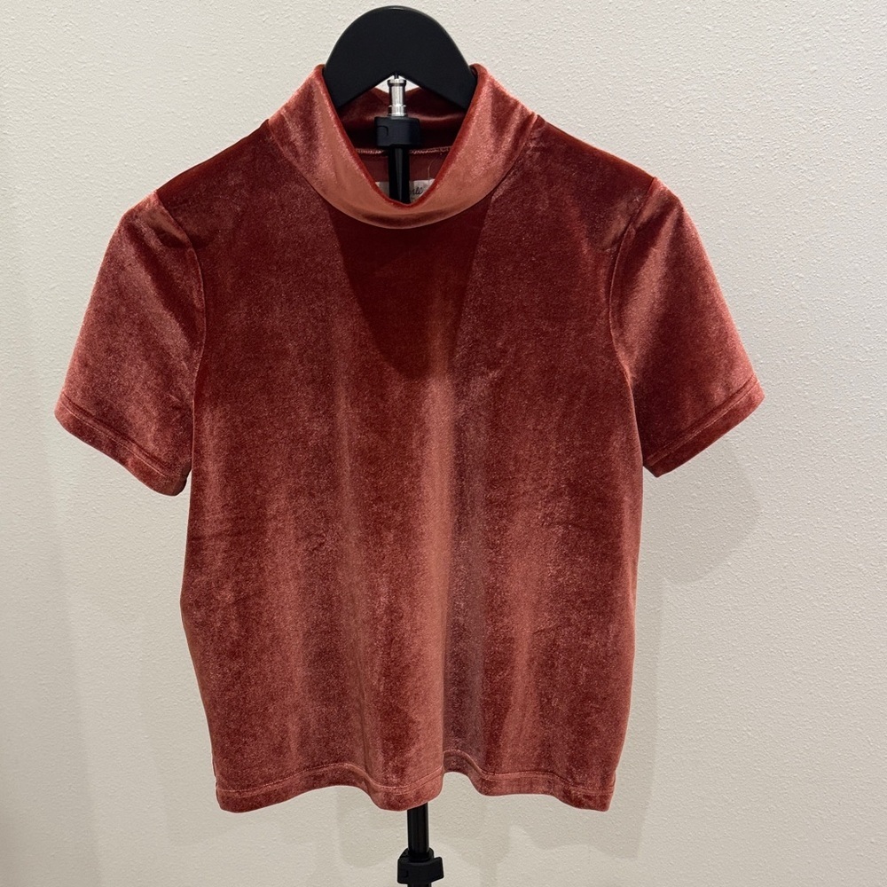 Madewell Short-Sleeve Velvet Mock Neck Top - Rusty Terracotta